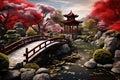 Chinese garden with wooden bridge and red cherry blossom in autumn season, AI Generated Royalty Free Stock Photo