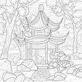 Chinese gazebo.Coloring book antistress for children and adults. Illustration isolated on white background.