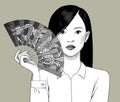 Chinese girl holding a fan with a dragon in her hand Royalty Free Stock Photo