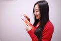 Chinese girl holding red packets Woman hold with lucky money