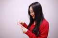 Chinese girl holding red packets Woman hold with lucky money