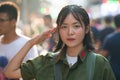 Chinese girl in PLA People`s Liberation Army uniform from 60`s/70`s in Xi`An, Shaaxi, China