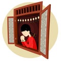 Chinese girl praying in the window