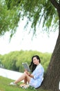 Chinese Girl reading a book under tree. Blonde beautiful young woman with book sit on the grass. Royalty Free Stock Photo