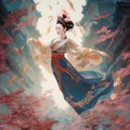 A chinese girl in traditional dress flying over the tress generative AI