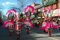 Chinese Girls with Pink Fans Perform in Vancouver, Chinatown New Years Parade