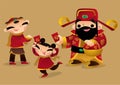 Chinese God of prosperity gives Red Packets to children.