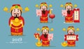 Chinese God of Wealth. Chinese New Year 2018 greeting card. Set with lantern, scroll, pig, gift box. Vector illustration.