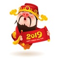 Chinese God of Wealth with a pig nose holds 2019 sign