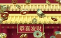 Chinese gold ingot and coins with palace background, 3d rendering. Translation: make a fortune