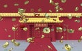 Chinese gold ingot and coins with palace background, 3d rendering. Translation: make a fortune