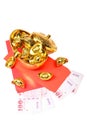 Chinese gold sycee and Chinese red envelope Royalty Free Stock Photo