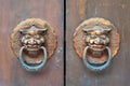 Chinese golden colored door knockers on a wooden gate