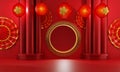 Chinese golden gate decorated with red lanterns three red pillar
