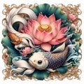 Chinese goldfish and a lotus flower, in a fantasy realistic design, white background, printable, symbol of wealth, prosperity