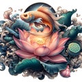 A chinese goldfish and a lotus flower, symbolizing abundance of gold, wealth and prosperity, printable, fantasy art