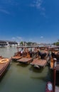 Chinese gondolas waits Tourists on canal of ancient water town