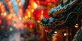 Chinese green dragon against the background of a street decorated with red paper lanterns, chinese new year, banner Royalty Free Stock Photo