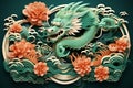 Chinese green dragon greating card. Chinese New Year Festival. Paper cut illustration style Royalty Free Stock Photo