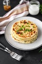 Chinese green onion pancakes on a black background. Stack of fried green onion pancakes. Dark photo Royalty Free Stock Photo