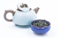 Chinese Green tea. Huang Shan Mao Feng in a blue ceramic bowl Royalty Free Stock Photo