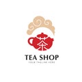 Chinese Green Tea Shop or Club Sign Label Creative Vector Concept. Oriental Traditional Ceremony Teapot Illustration. Royalty Free Stock Photo