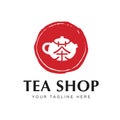 Chinese Green Tea Shop or Club Sign Label Creative Vector Concept. Oriental Traditional Ceremony Teapot Illustration. Royalty Free Stock Photo