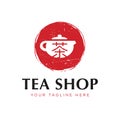 Chinese Green Tea Shop or Club Sign Label Creative Vector Concept. Oriental Traditional Ceremony Teapot Illustration. Royalty Free Stock Photo