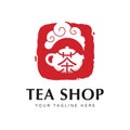 Chinese Green Tea Shop or Club Sign Label Creative Vector Concept. Oriental Traditional Ceremony Teapot Illustration. Royalty Free Stock Photo