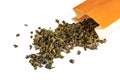 Chinese green teguanin tea, scattered on a white background, poured with a tea spatula and a tea filter.