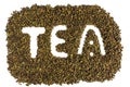 Chinese green teguanin tea, scattered on a white background, poured with a tea spatula and a tea filter.