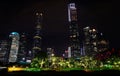 Chinese Guangzhou night illuminated city Business center with ultra-modern skyscrapers