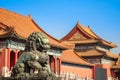 Chinese guardian lion or shishi statue from Ming dynasty era, at the entrance to the palace in the Forbidden City, Beijing, China Royalty Free Stock Photo