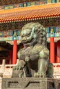 Chinese guardian lion or shishi statue from Ming dynasty era, at the entrance to the palace in the Forbidden City, Beijing, China Royalty Free Stock Photo