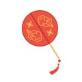 Chinese hand fan of round shape. Asian handheld silk accessory with gold ornament and fringe. Traditional oriental