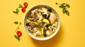 Chinese Herbal Chicken Soup On Bright Yellow Background