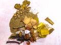 Chinese herbs used in traditional herbal medicine on paper