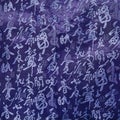 Chinese hieroglyphs are embroidered on a blue material. Background. Royalty Free Stock Photo