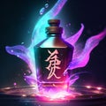 Chinese hieroglyphs and magic potion in a bottle. 3D illustration Generative AI