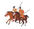 Chinese historical horse warriors. Military Asian horsemen armored with spears, riding horseback. Ancient China history Royalty Free Stock Photo