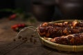 CHinese Homemade saussage in bamboo plate Royalty Free Stock Photo