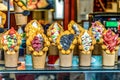 Chinese Hong Kong waffles with ice cream, jam and fruit. delicious bubble wafers in the old town of Bejing Royalty Free Stock Photo