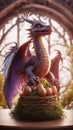 Chinese horned dragon sitting in its nest protecting its golden eggs ai created