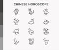 Chinese horoscope thin line icons set: rooster, ox, mouse, dragon, tiger, rabbit, pig, horse, dog, monkey, goat. Modern vector Royalty Free Stock Photo