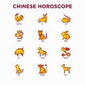 Chinese horoscope thin line icons set: rooster, ox, mouse, dragon, tiger, rabbit, pig, horse, dog, monkey, goat. Modern vector Royalty Free Stock Photo