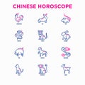 Chinese horoscope thin line icons set: rooster, ox, mouse, dragon, tiger, rabbit, pig, horse, dog, monkey, goat. Modern vector Royalty Free Stock Photo