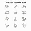 Chinese horoscope thin line icons set: rooster, ox, mouse, dragon, tiger, rabbit, pig, horse, dog, monkey, goat. Modern vector Royalty Free Stock Photo