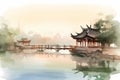 Chinese house with a garden on the lake (China) watercolor drawing Royalty Free Stock Photo