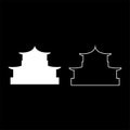 Chinese house silhouette Traditional Asian pagoda Japanese cathedral Facade icon outline set white color vector illustration flat