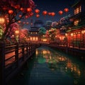 Chinese houses and temples, wooden bridges and Red Chinese Lanterns. Chinese New Year celebrations Royalty Free Stock Photo